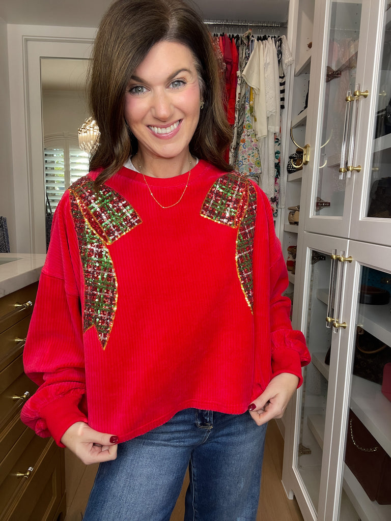 I'm a Gift Sequin Bow Corded Pullover in Red