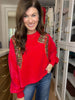 I'm a Gift Sequin Bow Corded Pullover in Red