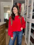 I'm a Gift Sequin Bow Corded Pullover in Red