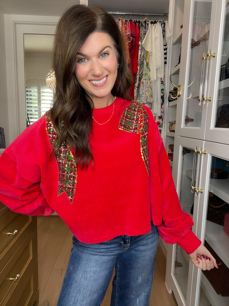 I'm a Gift Sequin Bow Corded Pullover in Red