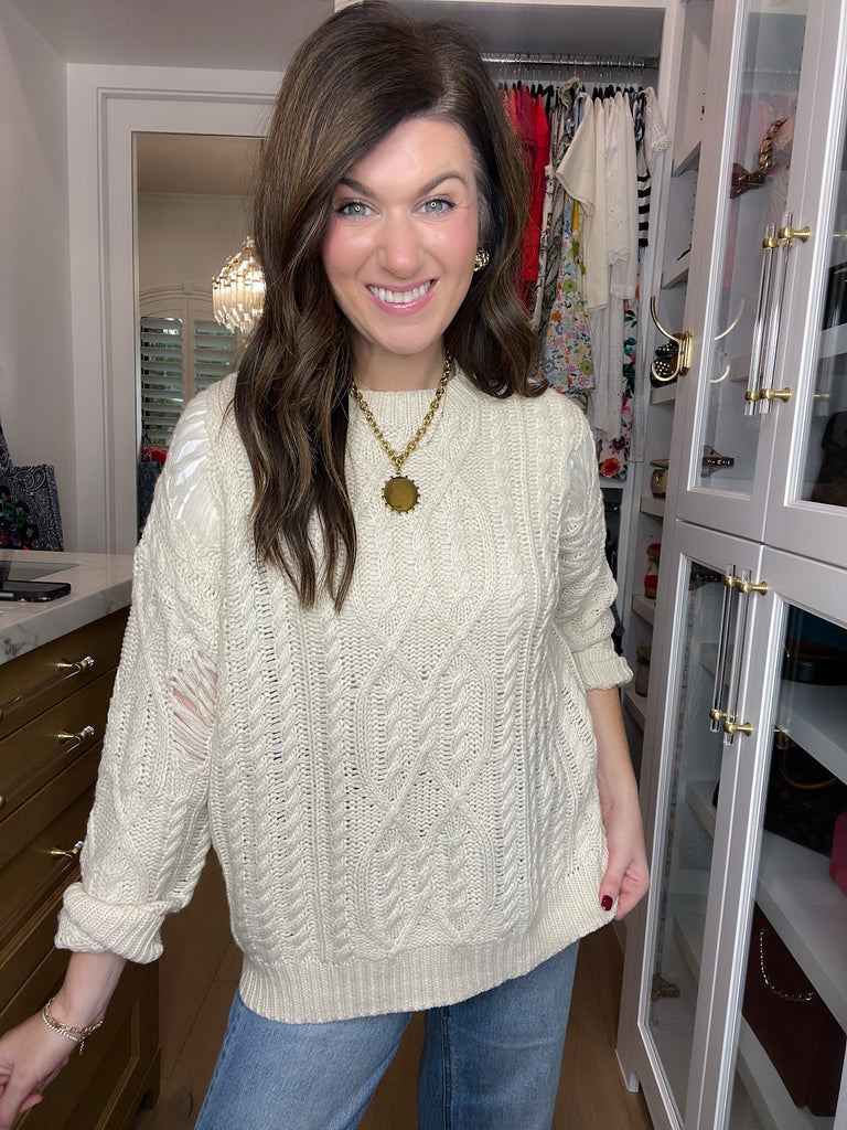 Chalet Charm Distressed Cable Knit Sweater