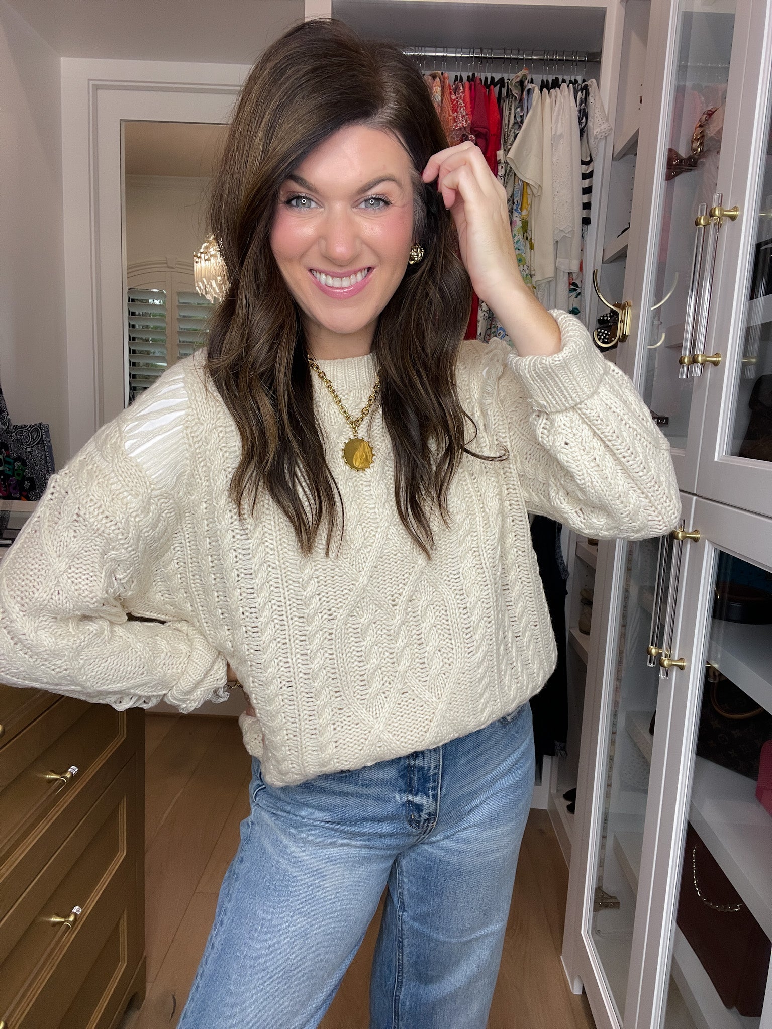 Chalet Charm Distressed Cable Knit Sweater