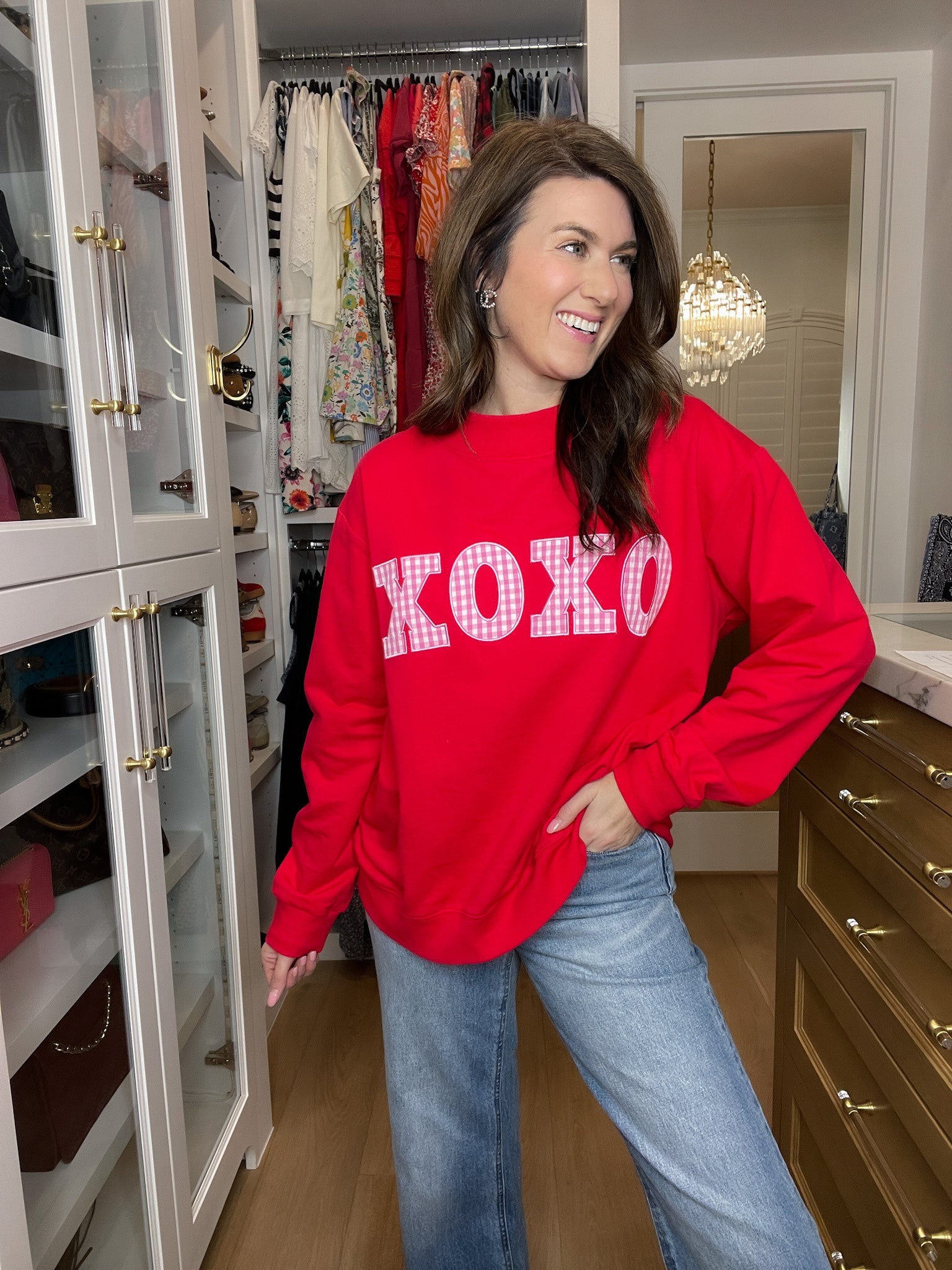 XOXO Gingham Mock Neck Pullover in Red