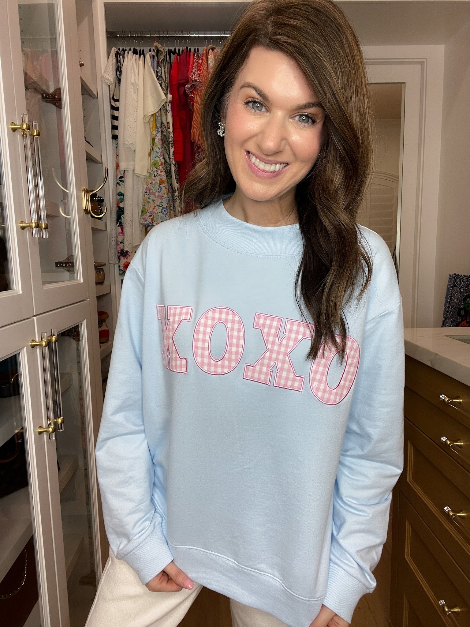 XOXO Gingham Mock Neck Pullover in Blue