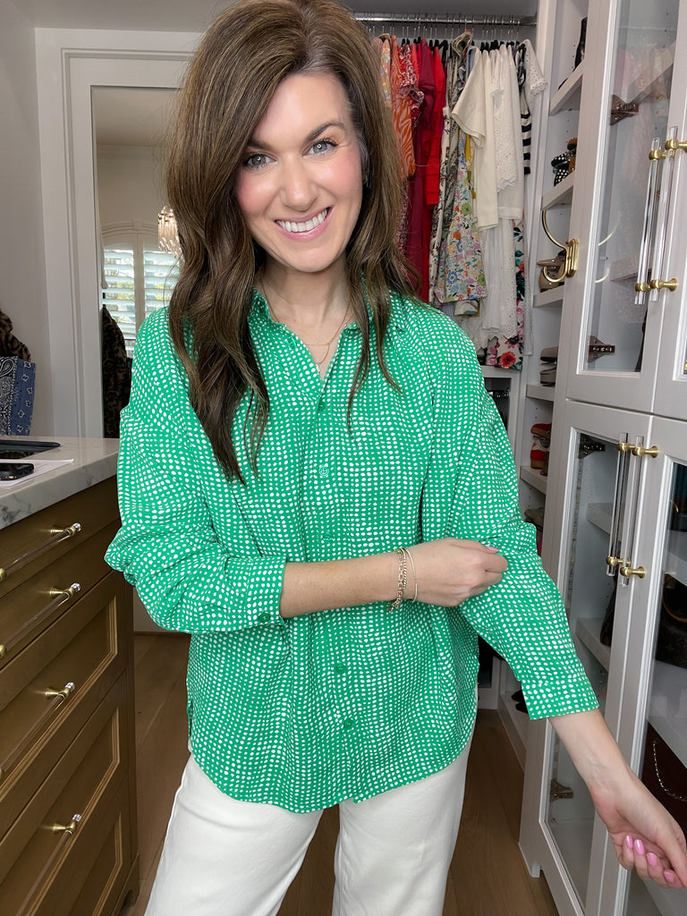 Play It Chic Polka Dot Button Down in Kelly Green