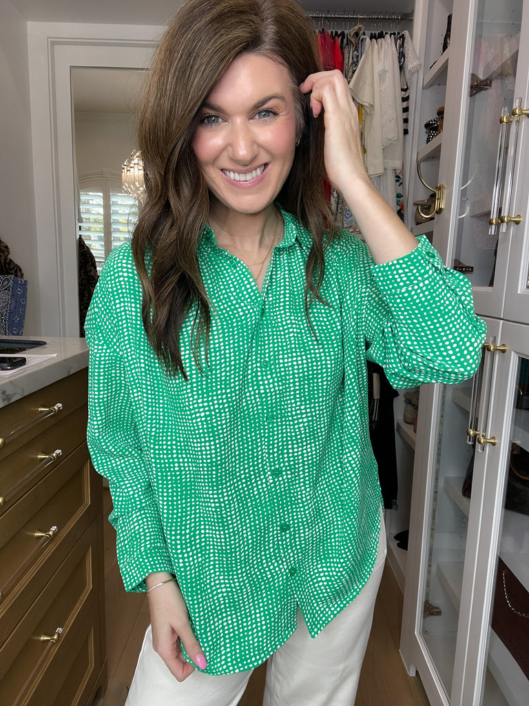 Play It Chic Polka Dot Button Down in Kelly Green