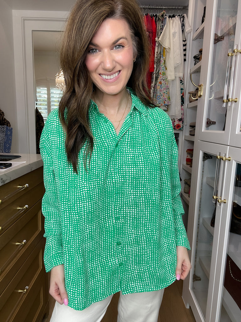 Play It Chic Polka Dot Button Down in Kelly Green