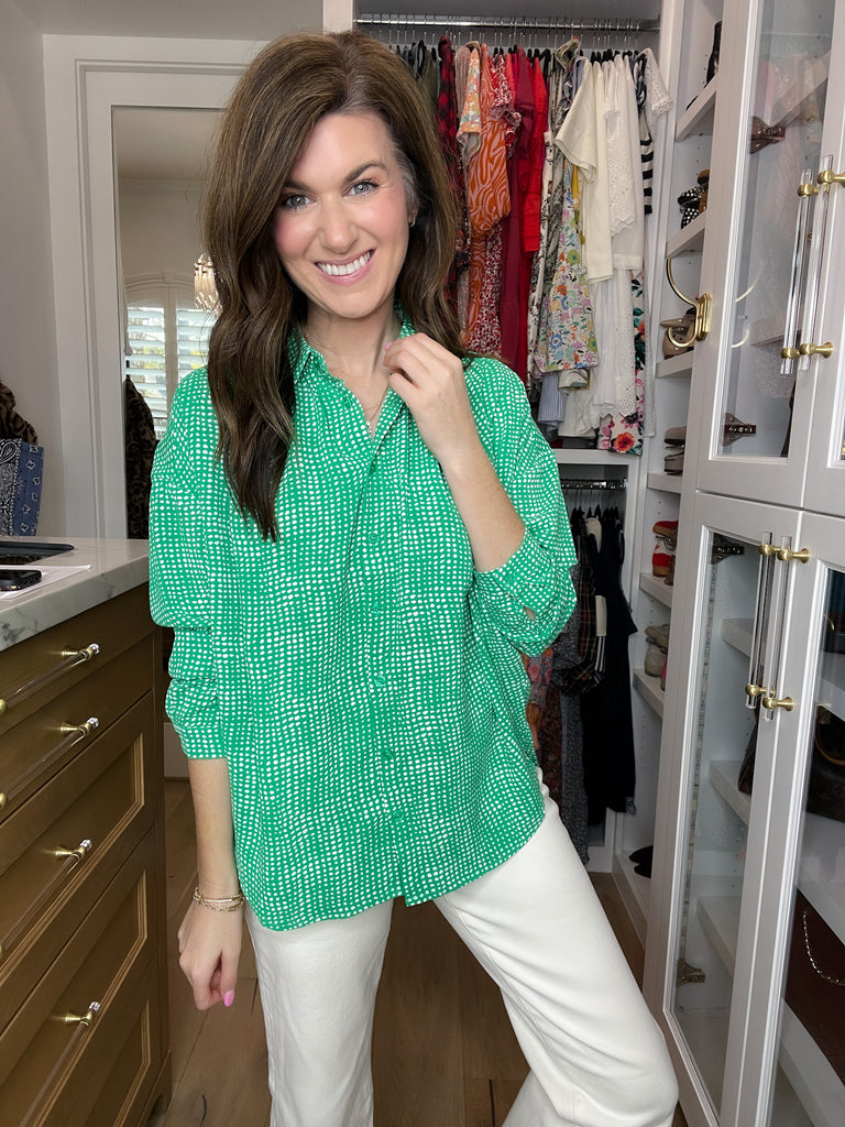 Play It Chic Polka Dot Button Down in Kelly Green