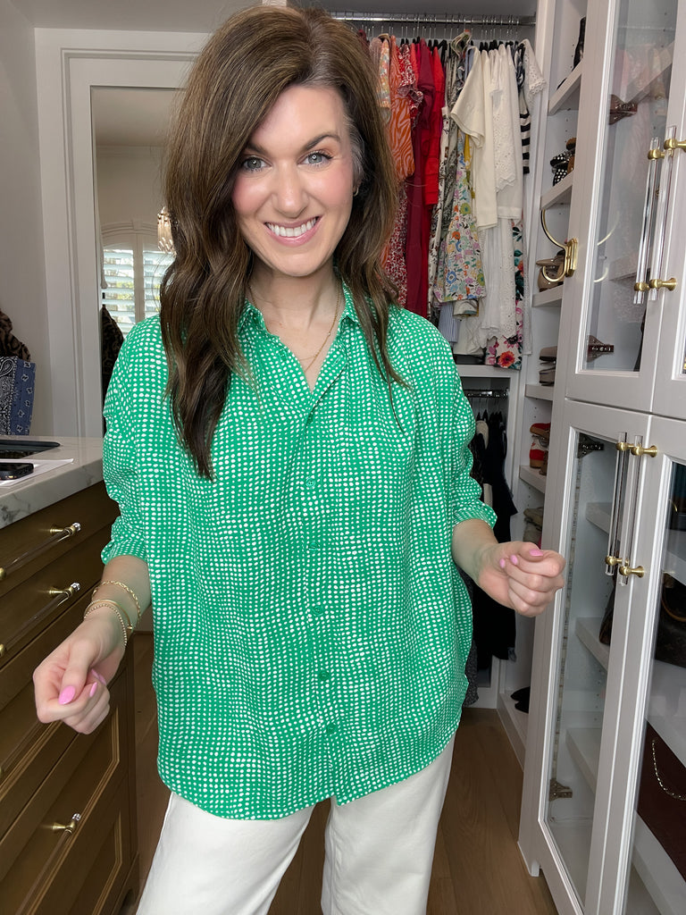 Play It Chic Polka Dot Button Down in Kelly Green