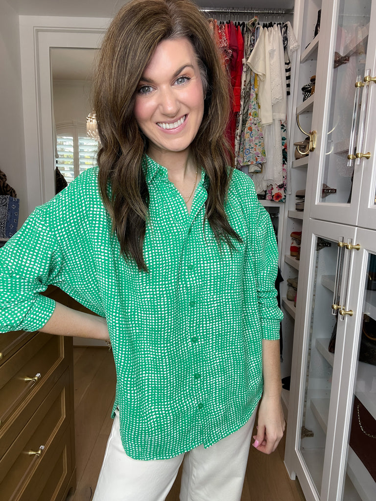 Play It Chic Polka Dot Button Down in Kelly Green