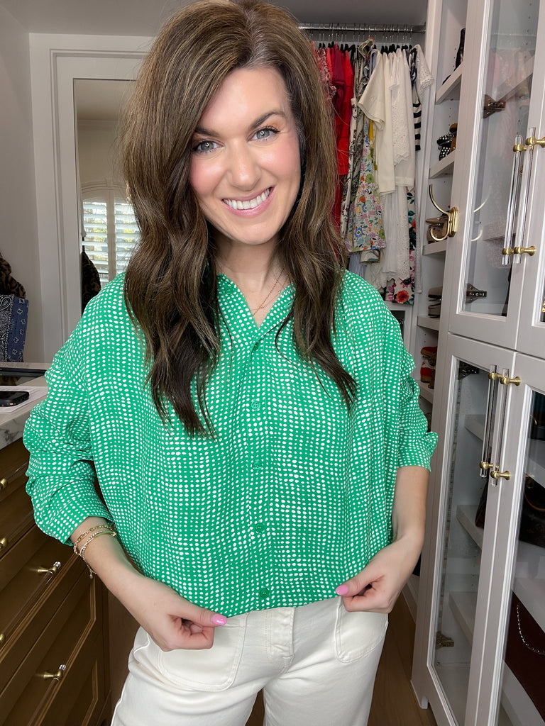 Play It Chic Polka Dot Button Down in Kelly Green