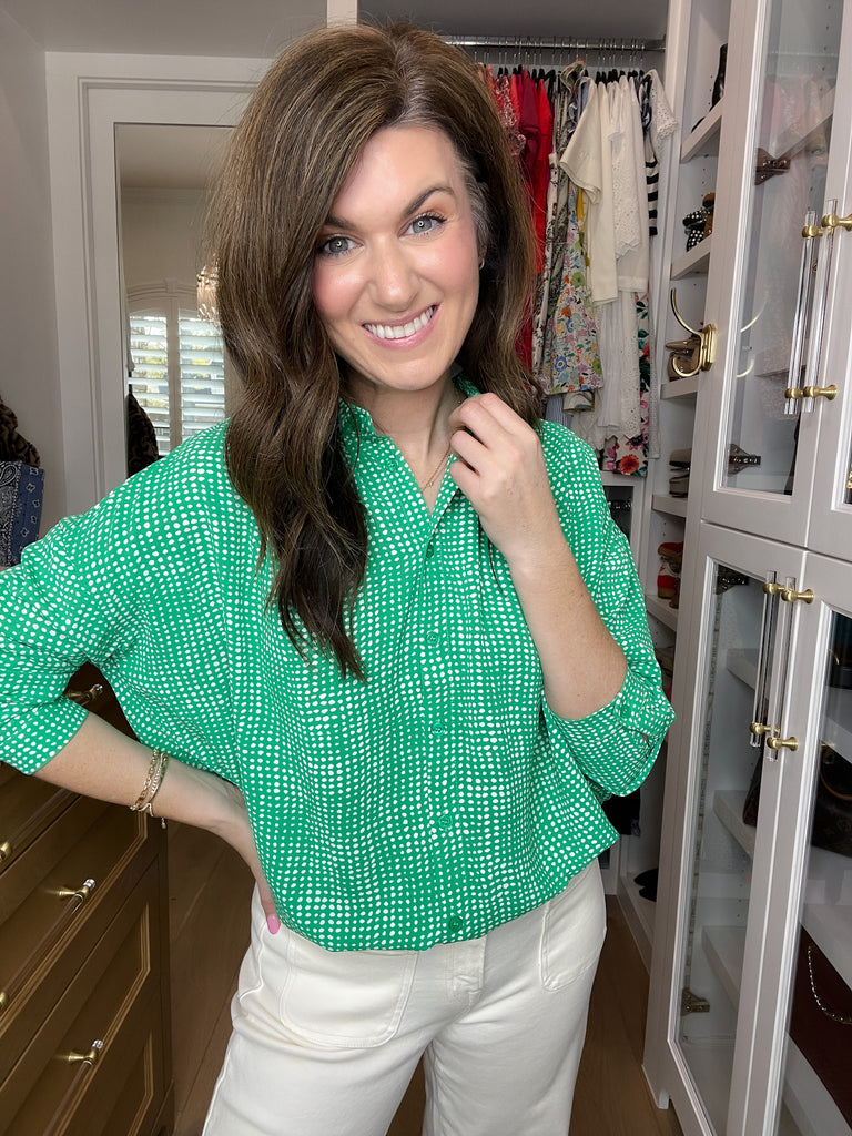 Play It Chic Polka Dot Button Down in Kelly Green