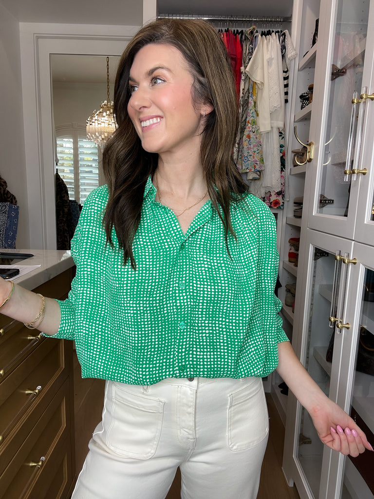 Play It Chic Polka Dot Button Down in Kelly Green