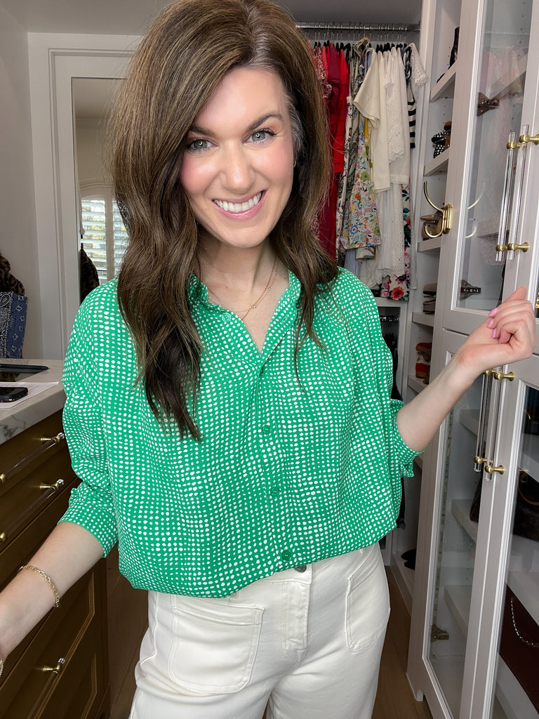 Play It Chic Polka Dot Button Down in Kelly Green