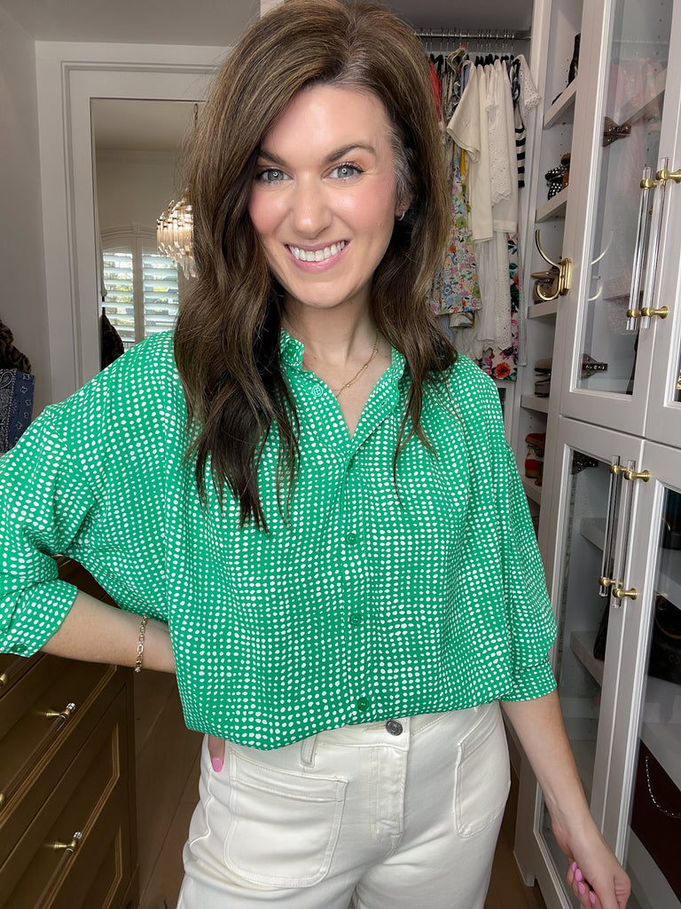 Play It Chic Polka Dot Button Down in Kelly Green