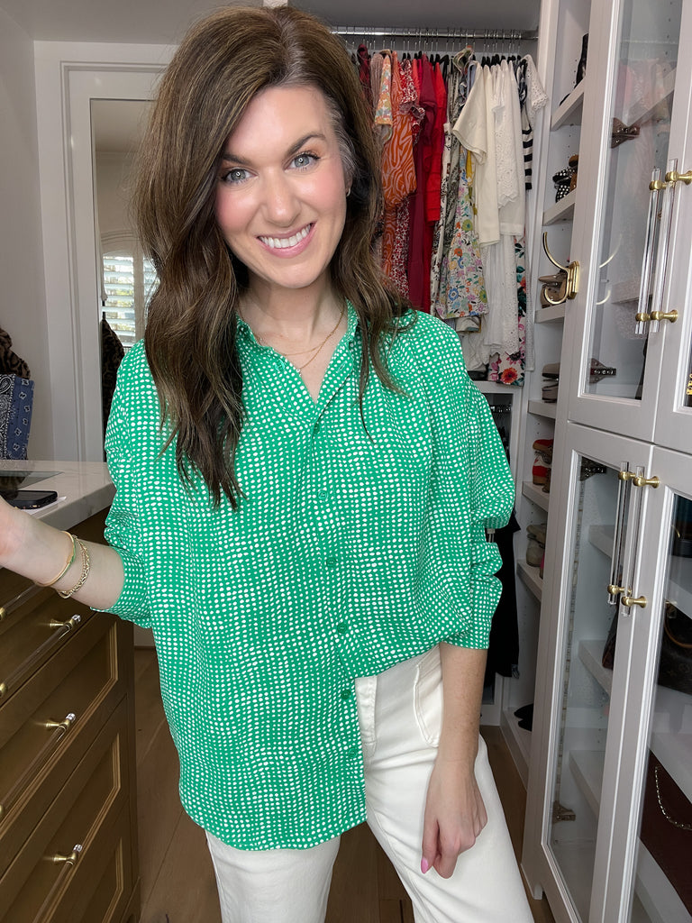 Play It Chic Polka Dot Button Down in Kelly Green
