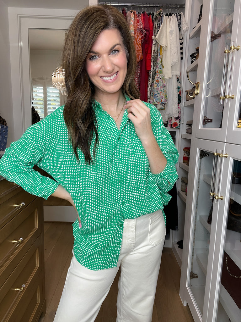 Play It Chic Polka Dot Button Down in Kelly Green