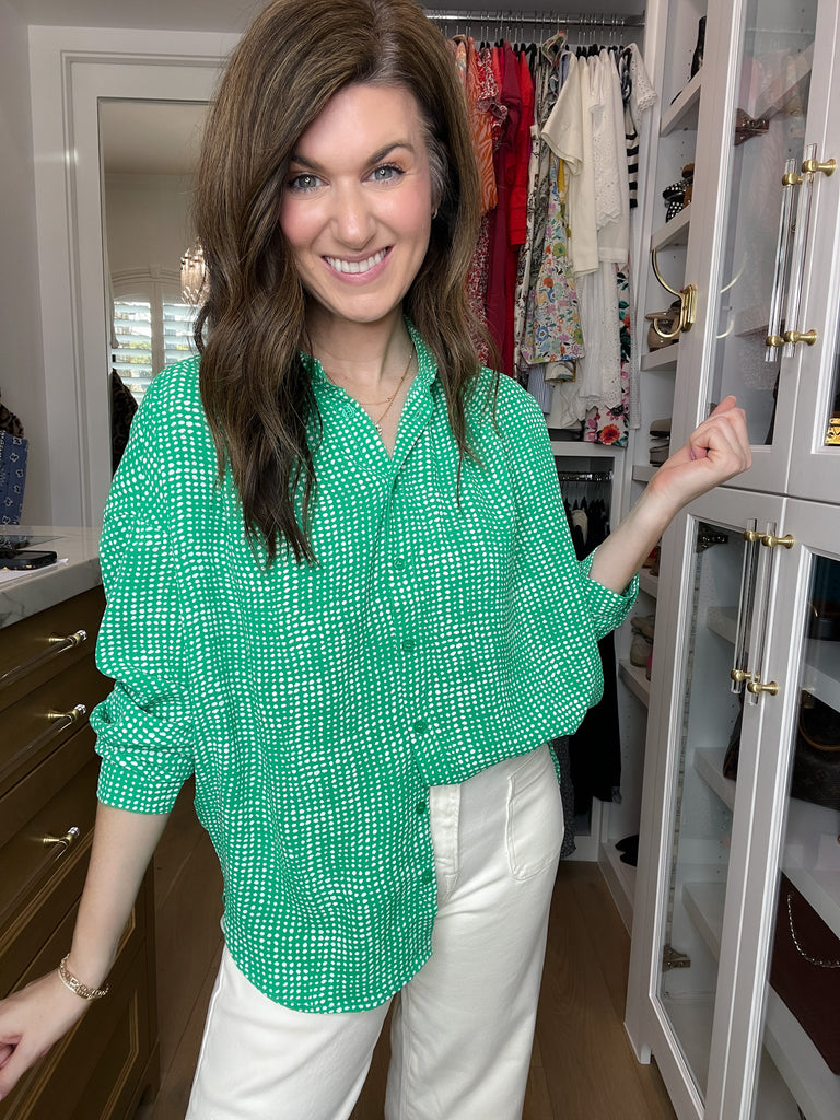 Play It Chic Polka Dot Button Down in Kelly Green