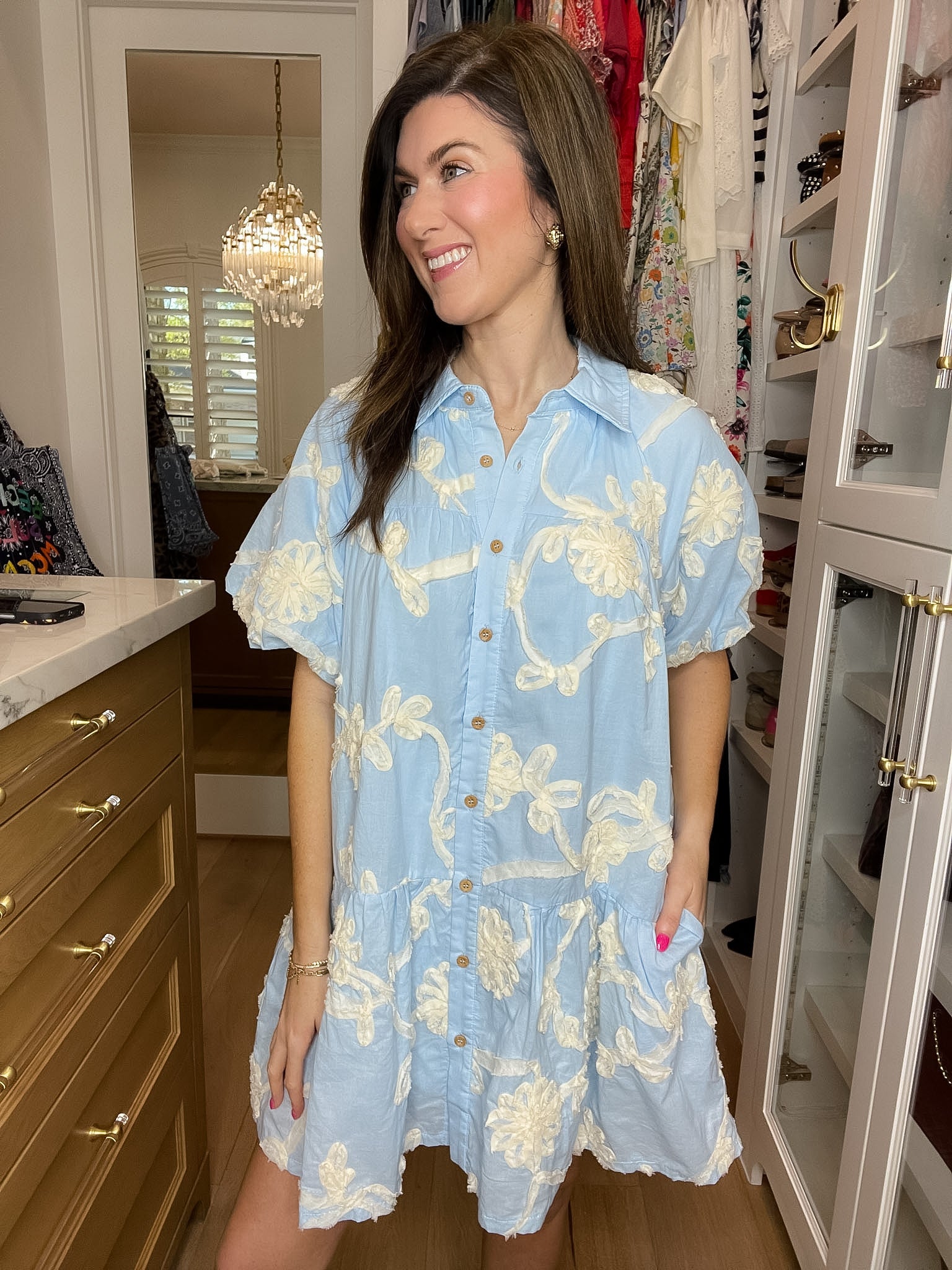 Sweet Detail Button Front Dress in Light Blue
