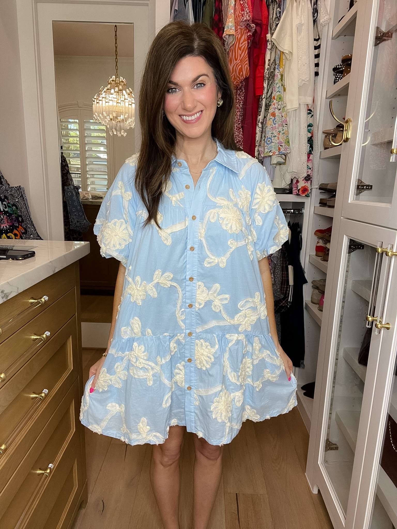 Sweet Detail Button Front Dress in Light Blue
