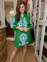Palm Society Dress in Green/Sky Blue