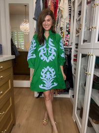 Palm Society Dress in Green/Sky Blue