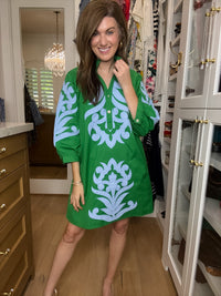 Palm Society Dress in Green/Sky Blue