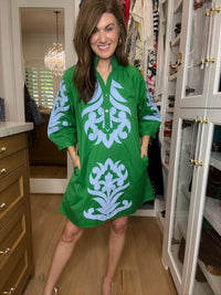 Palm Society Dress in Green/Sky Blue