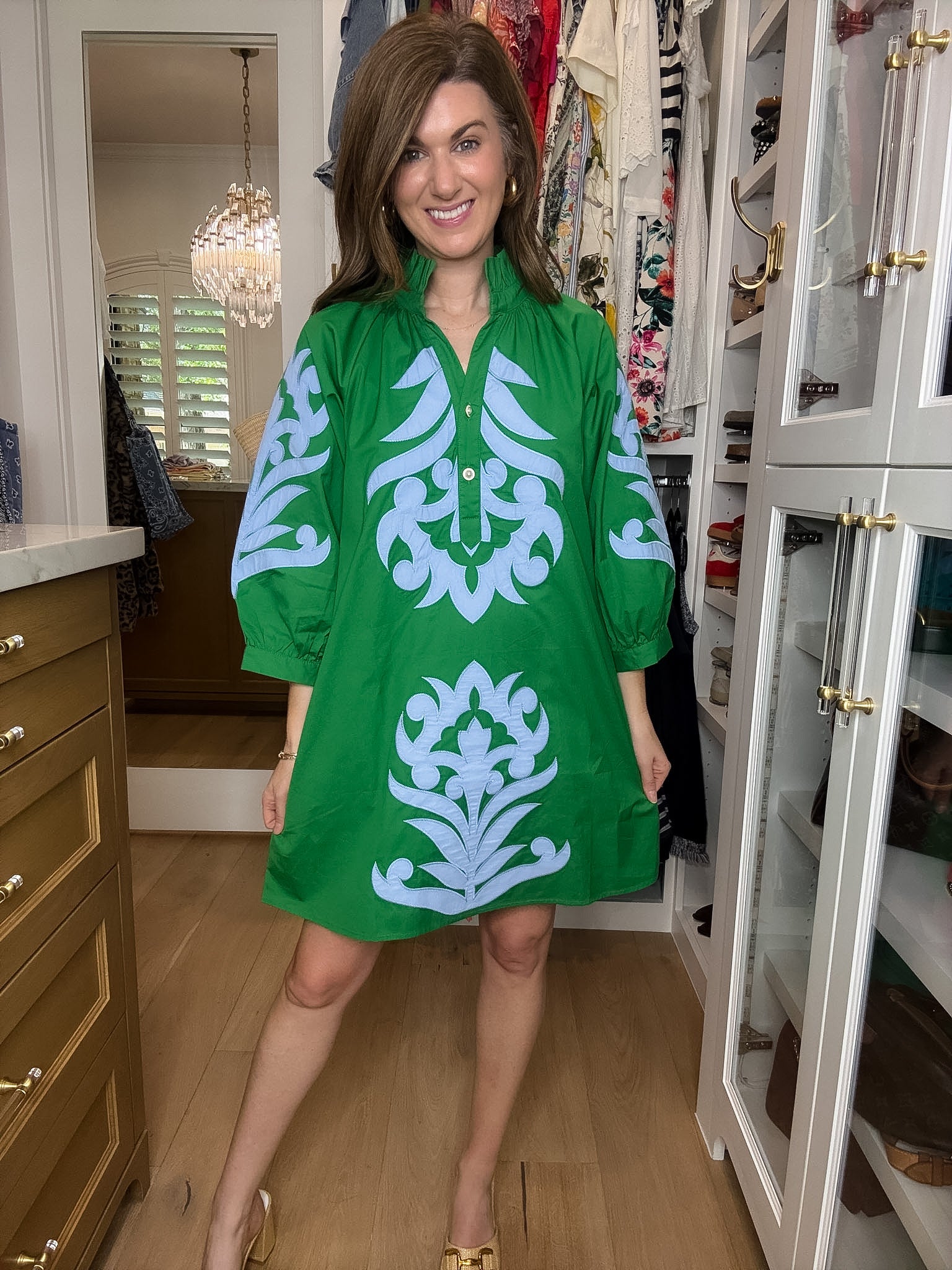 Palm Society Dress in Green/Sky Blue