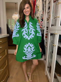 Palm Society Dress in Green/Sky Blue