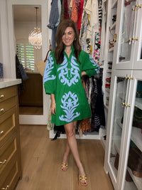 Palm Society Dress in Green/Sky Blue