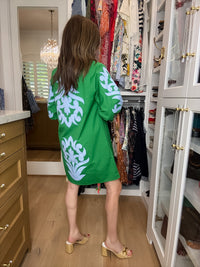 Palm Society Dress in Green/Sky Blue
