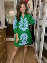 Palm Society Dress in Green/Sky Blue