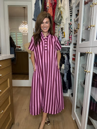 The Social Club Striped Midi Dress in Pink/Burgundy