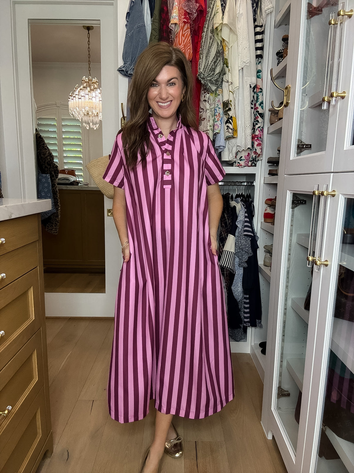 The Social Club Striped Midi Dress in Pink/Burgundy