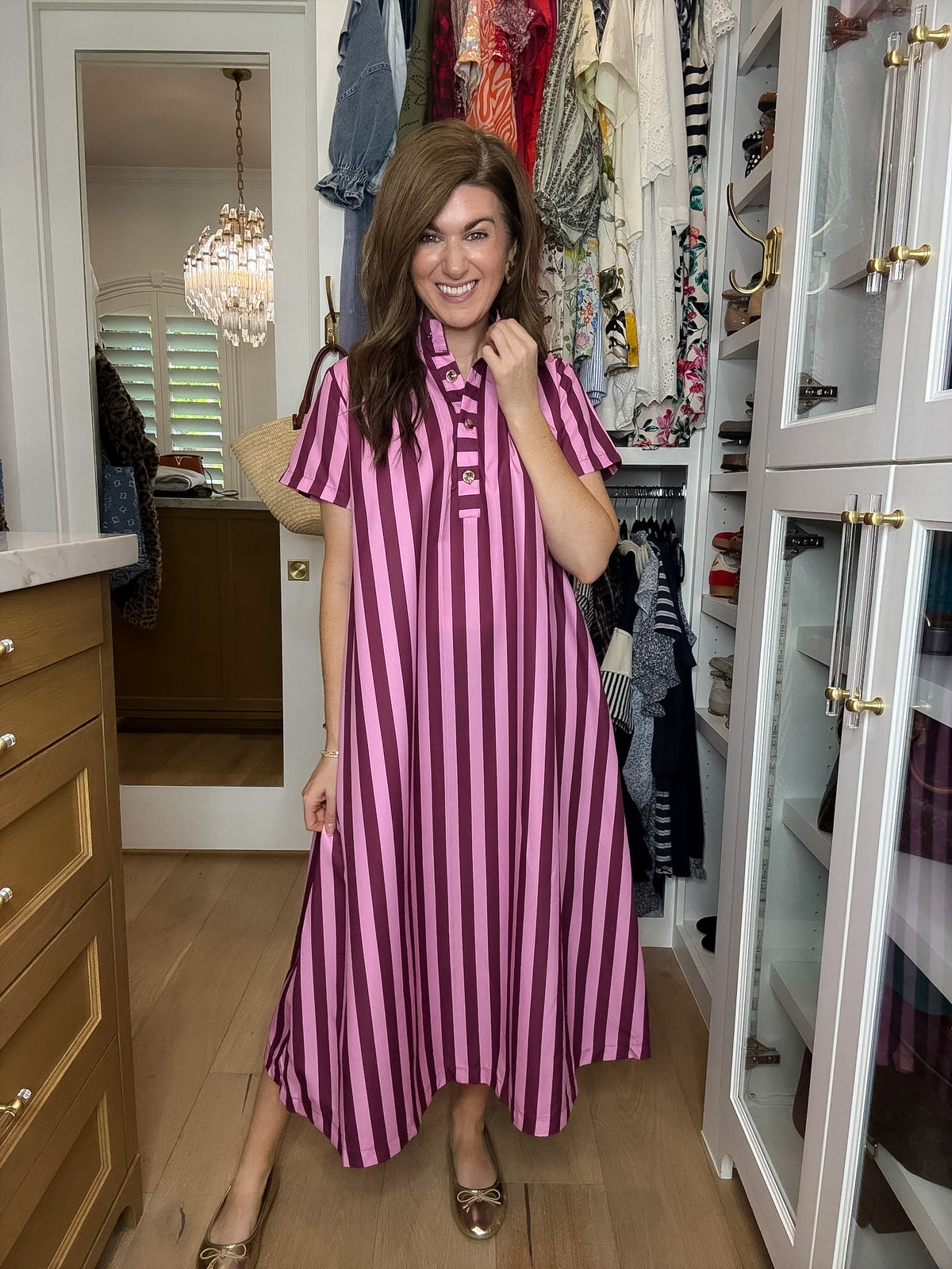 The Social Club Striped Midi Dress in Pink/Burgundy
