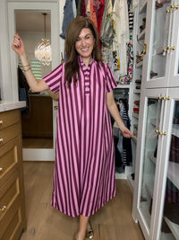 The Social Club Striped Midi Dress in Pink/Burgundy