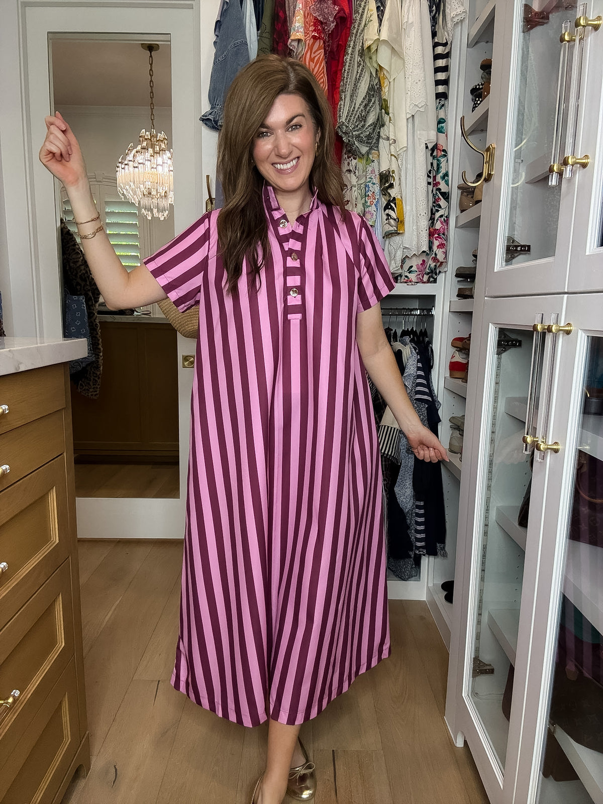 The Social Club Striped Midi Dress in Pink/Burgundy