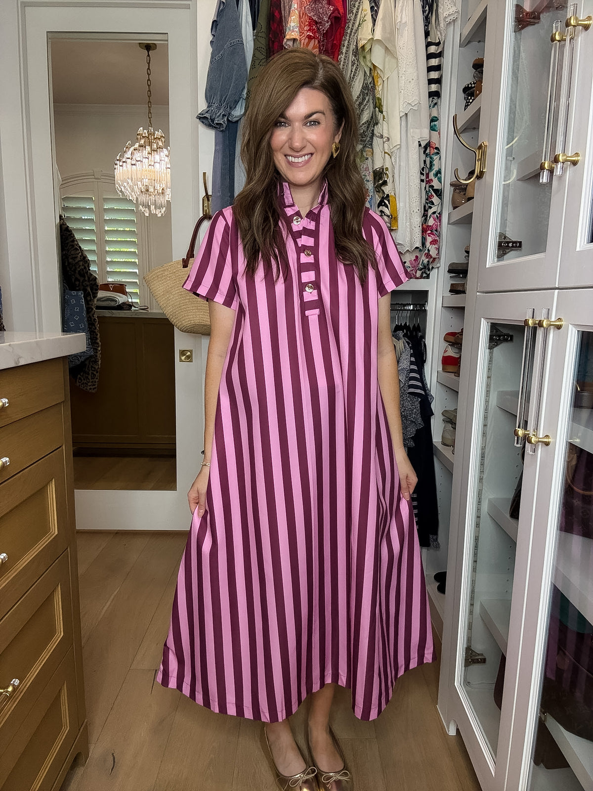 The Social Club Striped Midi Dress in Pink/Burgundy