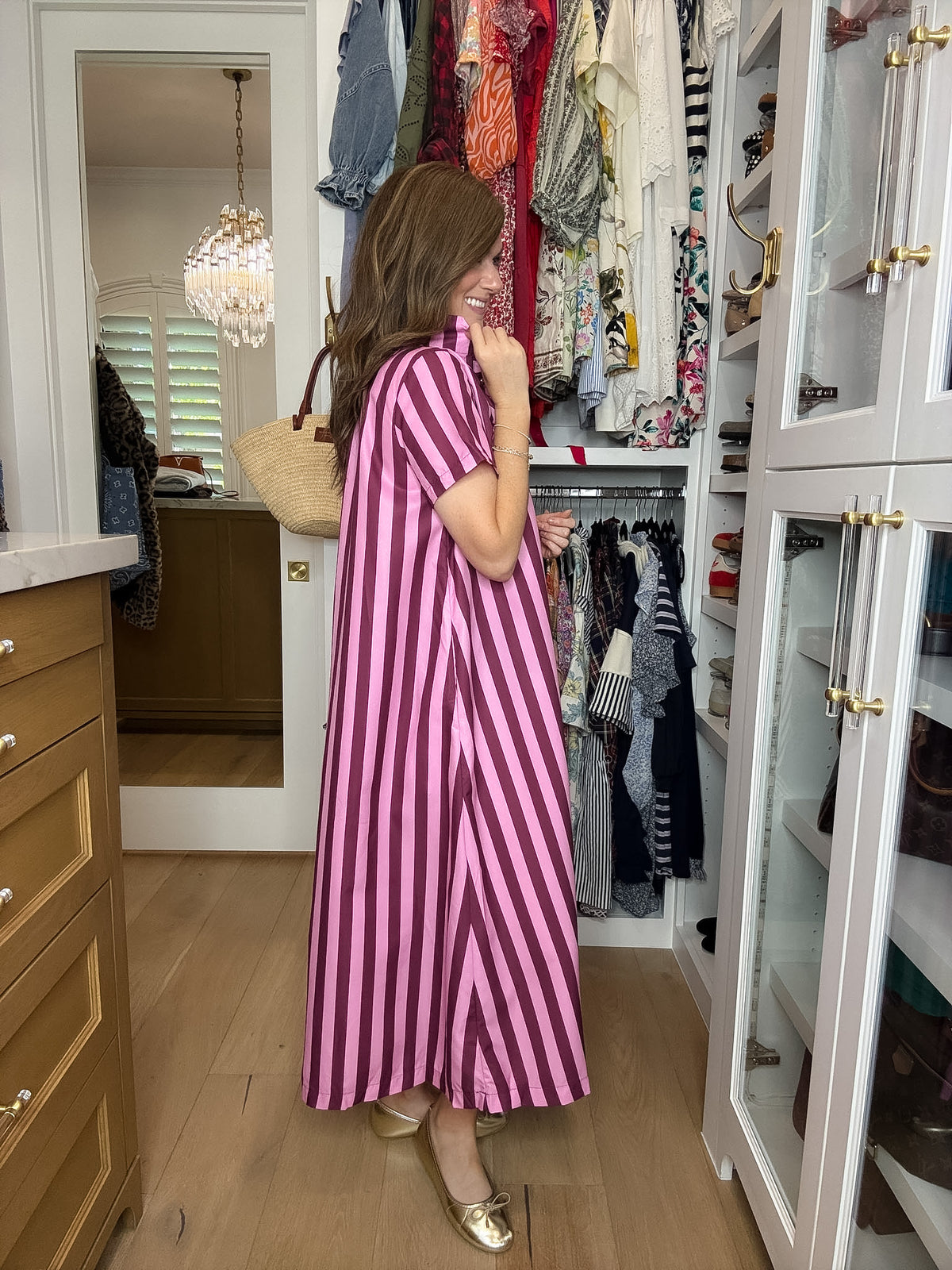 The Social Club Striped Midi Dress in Pink/Burgundy