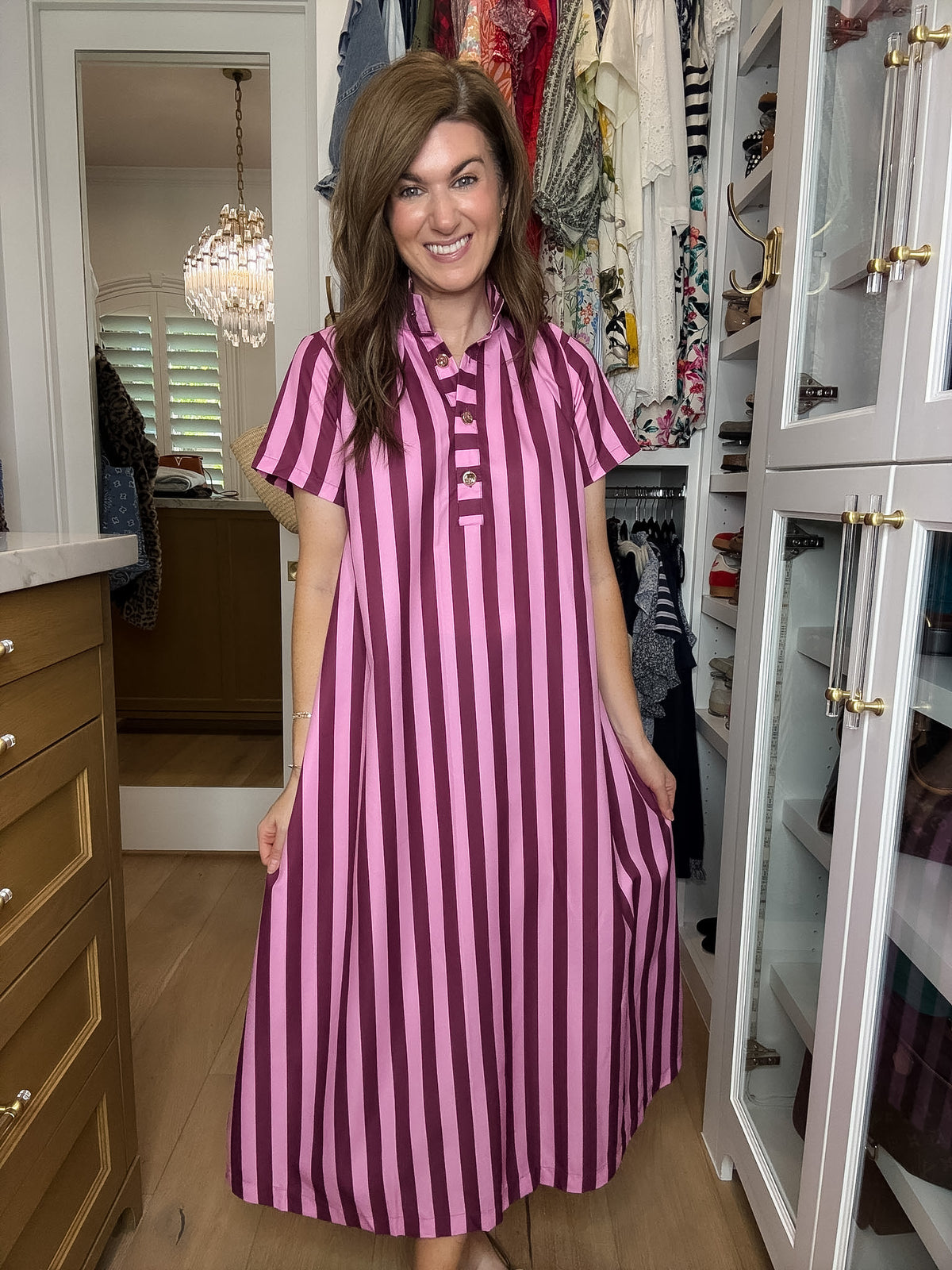 The Social Club Striped Midi Dress in Pink/Burgundy