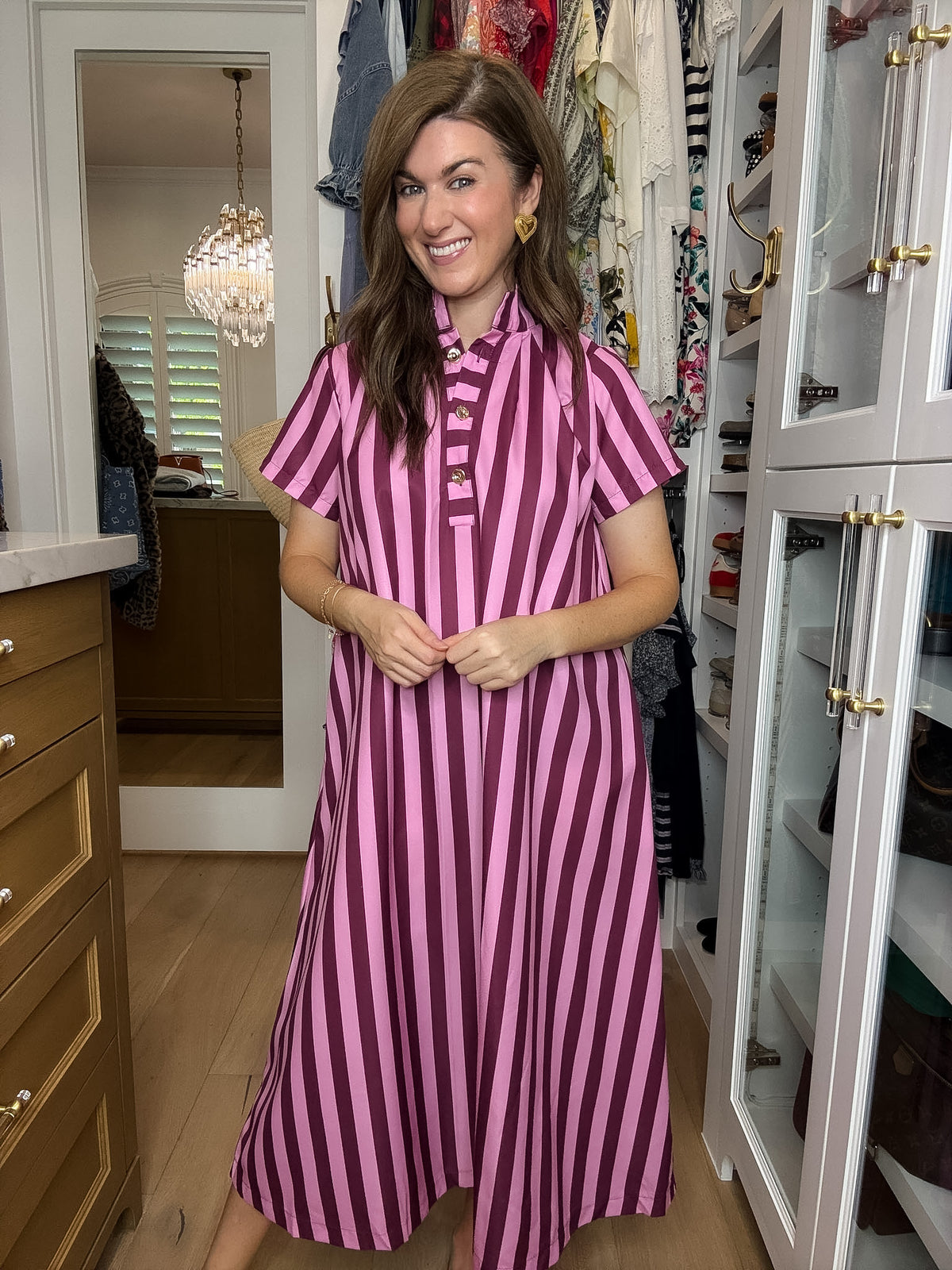 The Social Club Striped Midi Dress in Pink/Burgundy