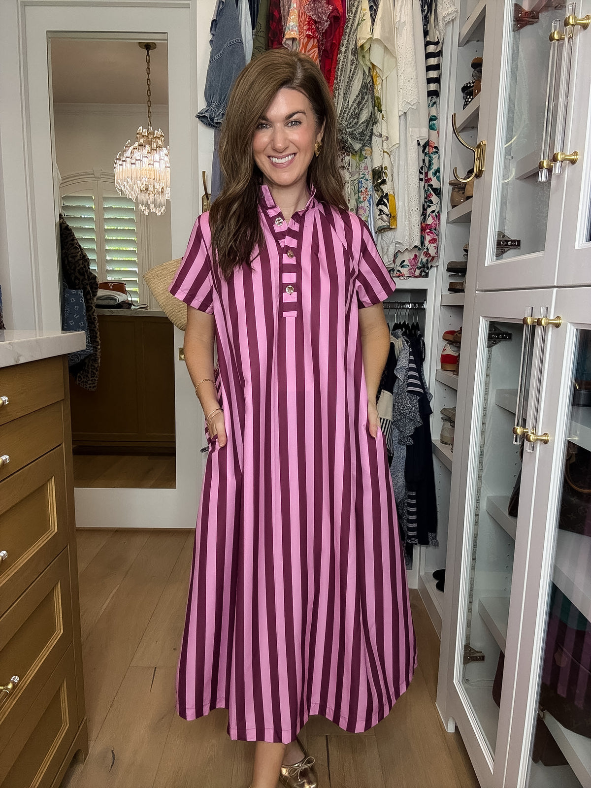 The Social Club Striped Midi Dress in Pink/Burgundy