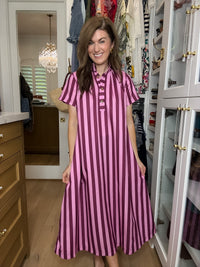 The Social Club Striped Midi Dress in Pink/Burgundy