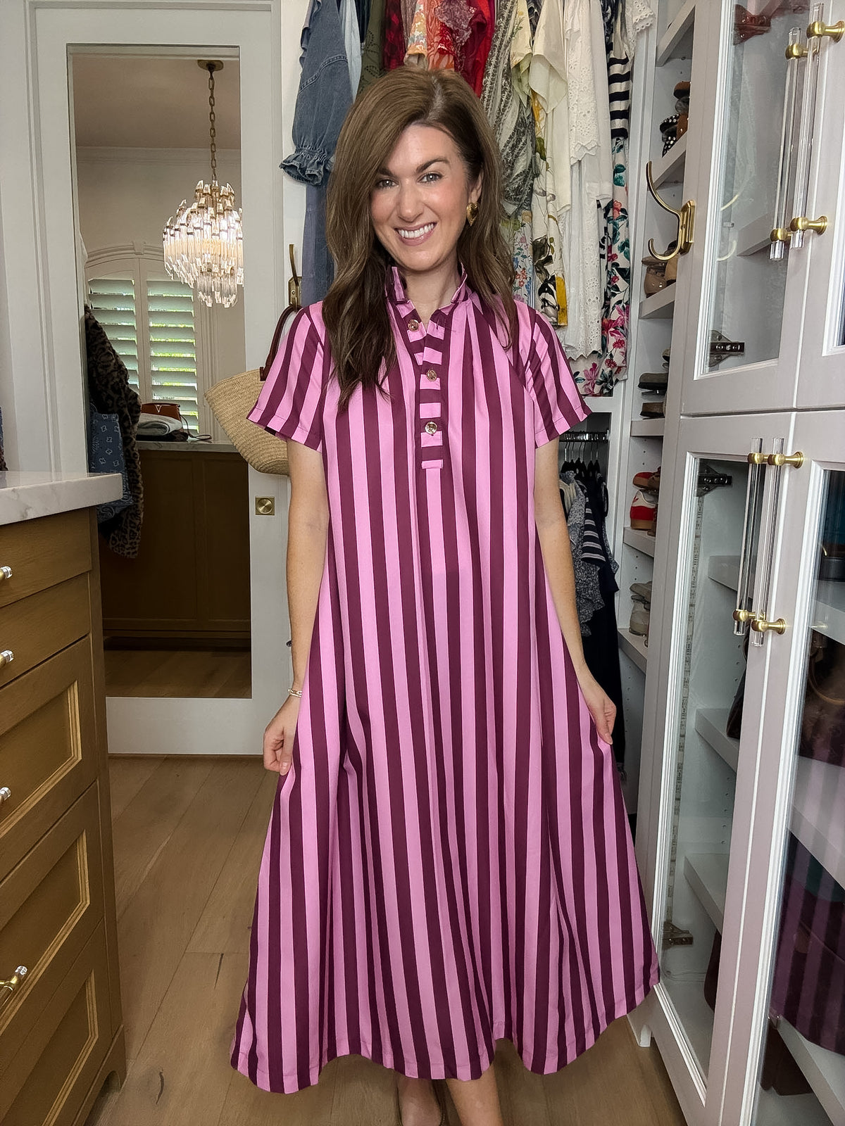 The Social Club Striped Midi Dress in Pink/Burgundy