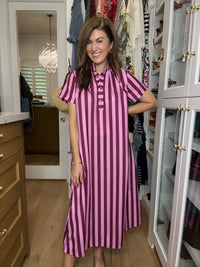 The Social Club Striped Midi Dress in Pink/Burgundy