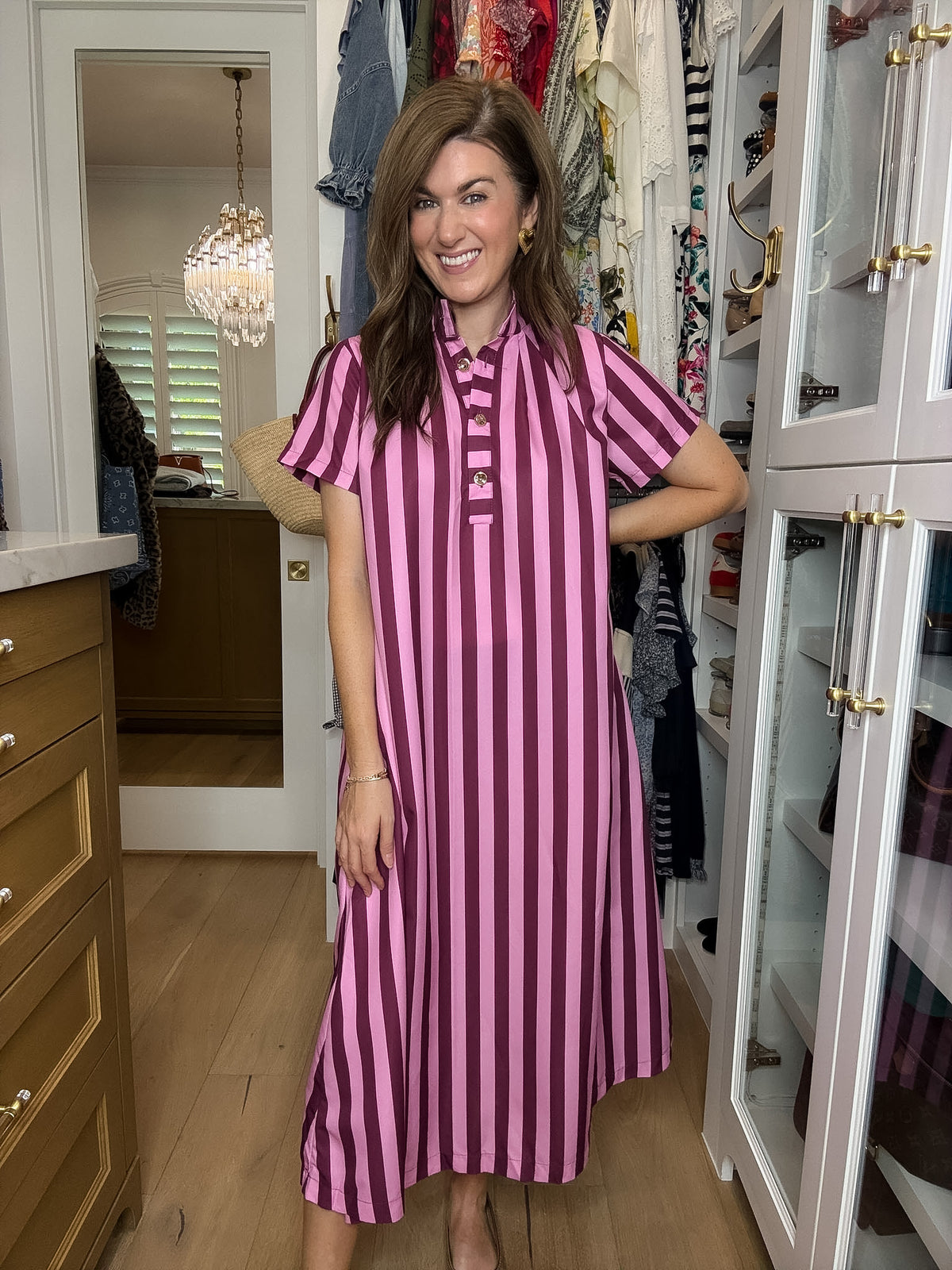 The Social Club Striped Midi Dress in Pink/Burgundy