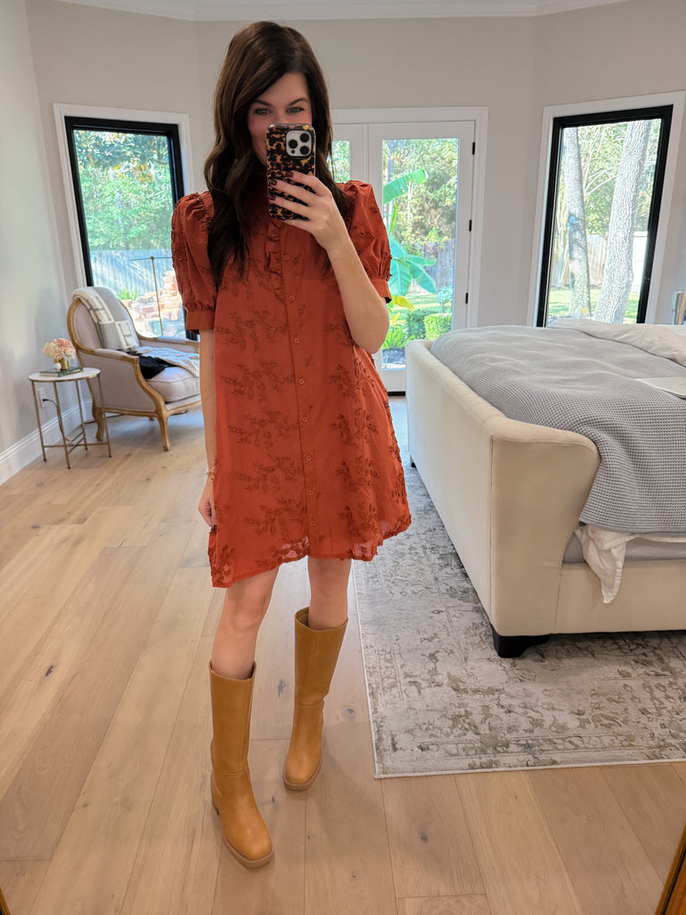 Fresh Take Floral Lace Dress in Caramel