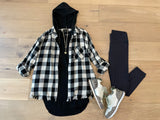 Risen Cabin Cutie Hooded Plaid Shacket in Black/White