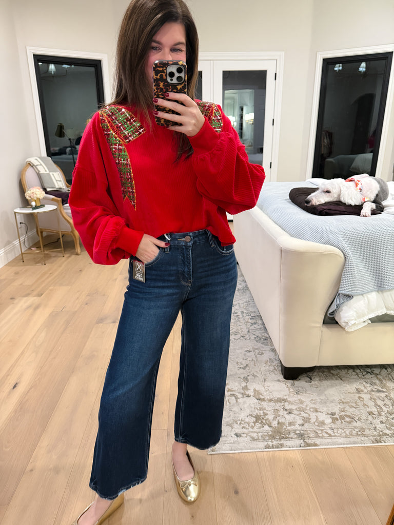 I'm a Gift Sequin Bow Corded Pullover in Red